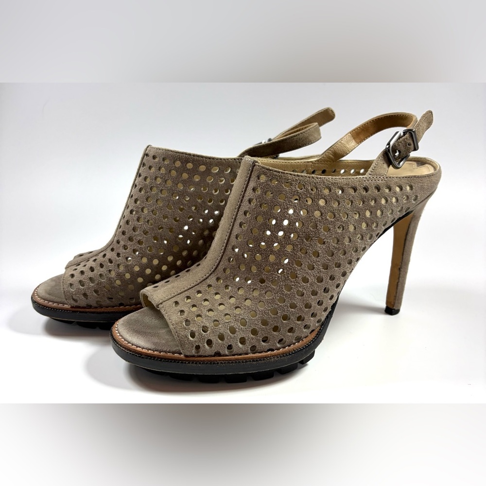 Via Spiga Taupe Perforated Suede Slingback Heels Size 7.5 Taupe Open Toe Booties